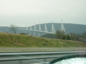 The Millau Viaduct snapped from the passenger seat. Photo doesn't do it justice.