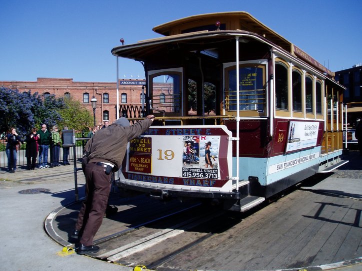 San Francisco cable car on the turntable preparing to chug back up from the harbor. Surely the guy isn't going to push it all the way up the hill!